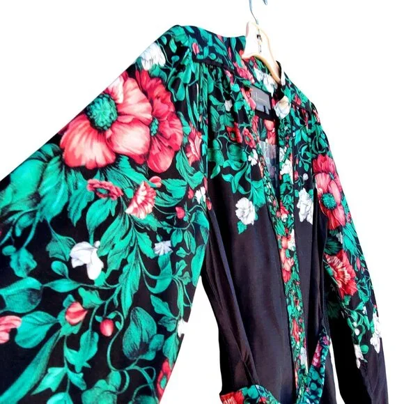 Anthropologie Bohemian Midi Shirt Dress 12 Long Sleeve Black and Green Floral - Picture 7 of 12